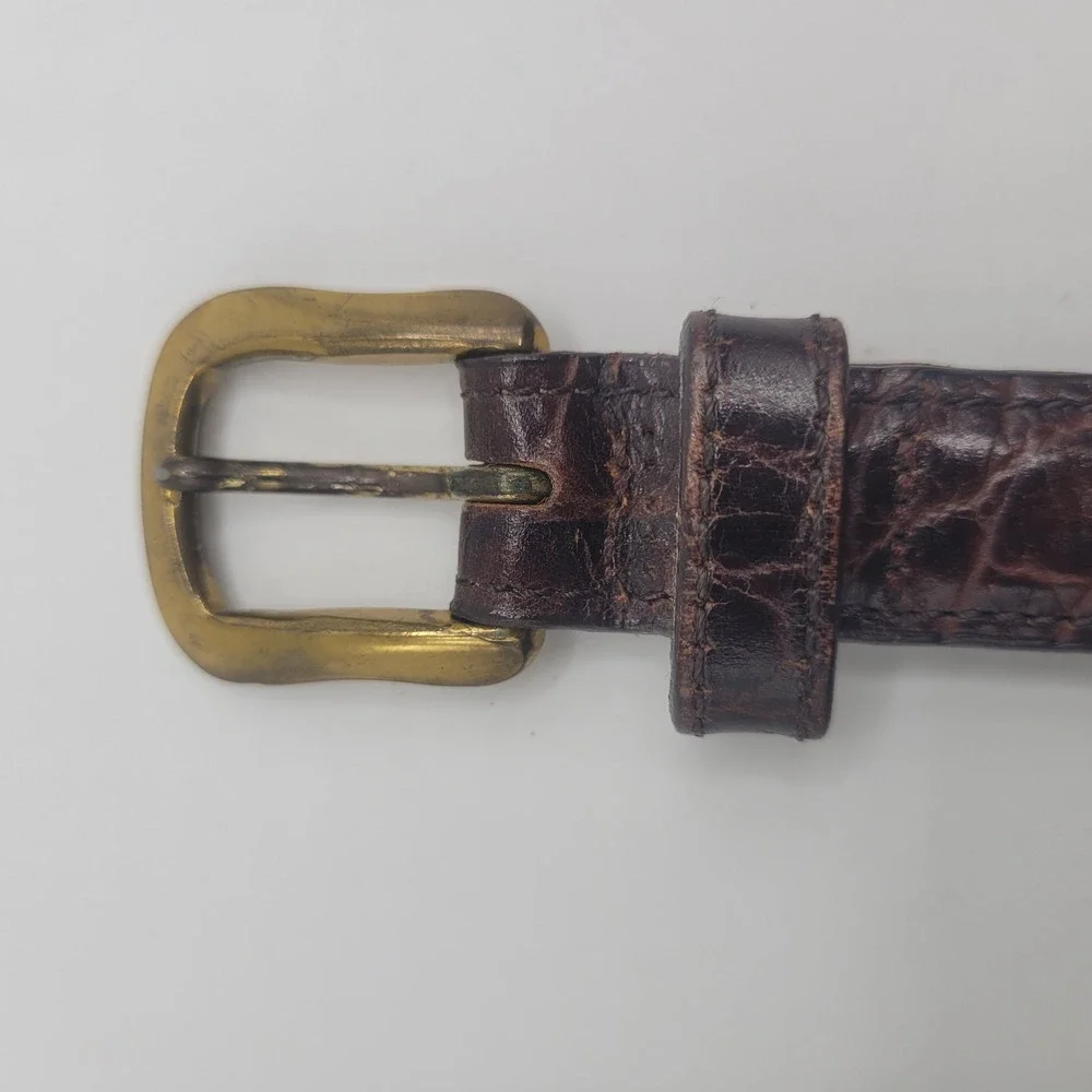 Joan & David Belt Small Brown Calfskin Leather Croc Embossed Brass 90s Classic